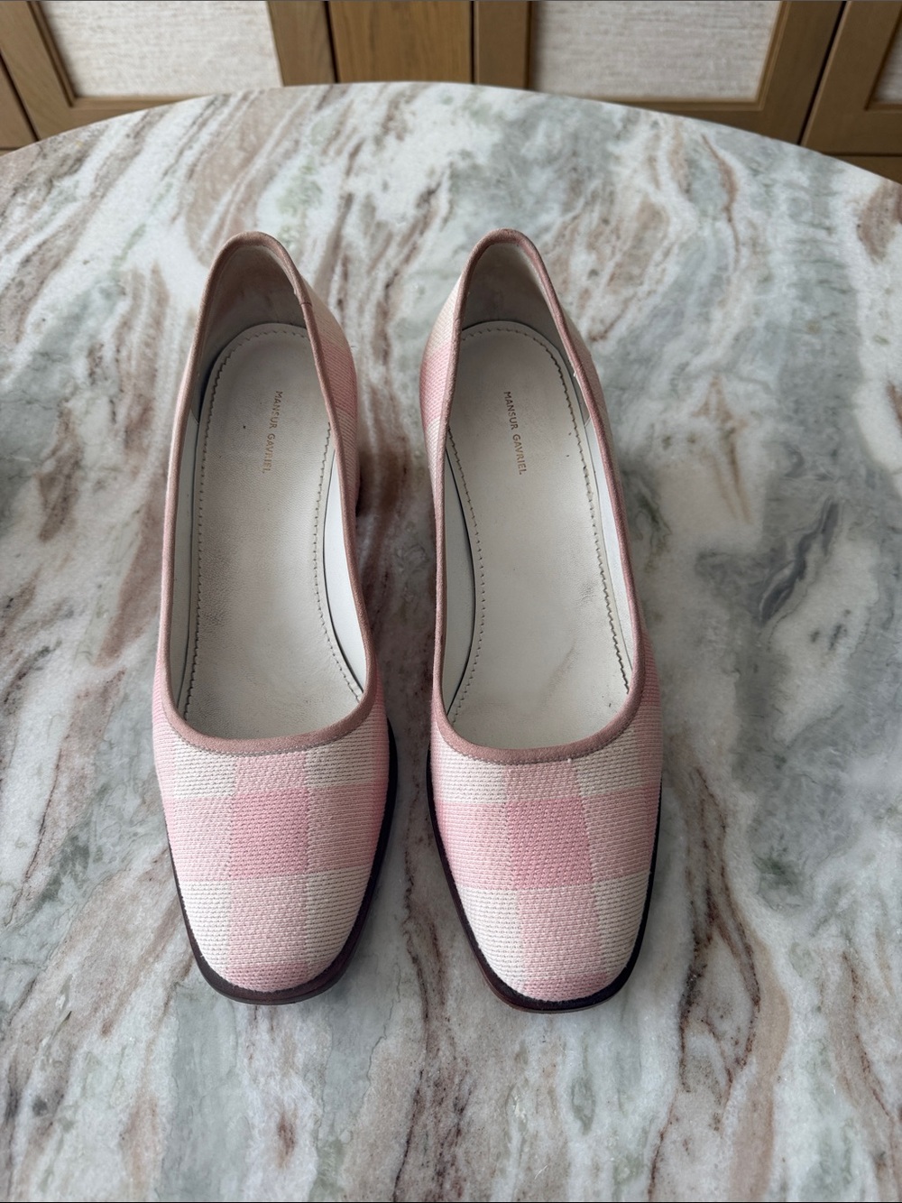 Mansur Gavriel Pink and Cream Plaid Block Heel Pumps - Picture 2 of 4